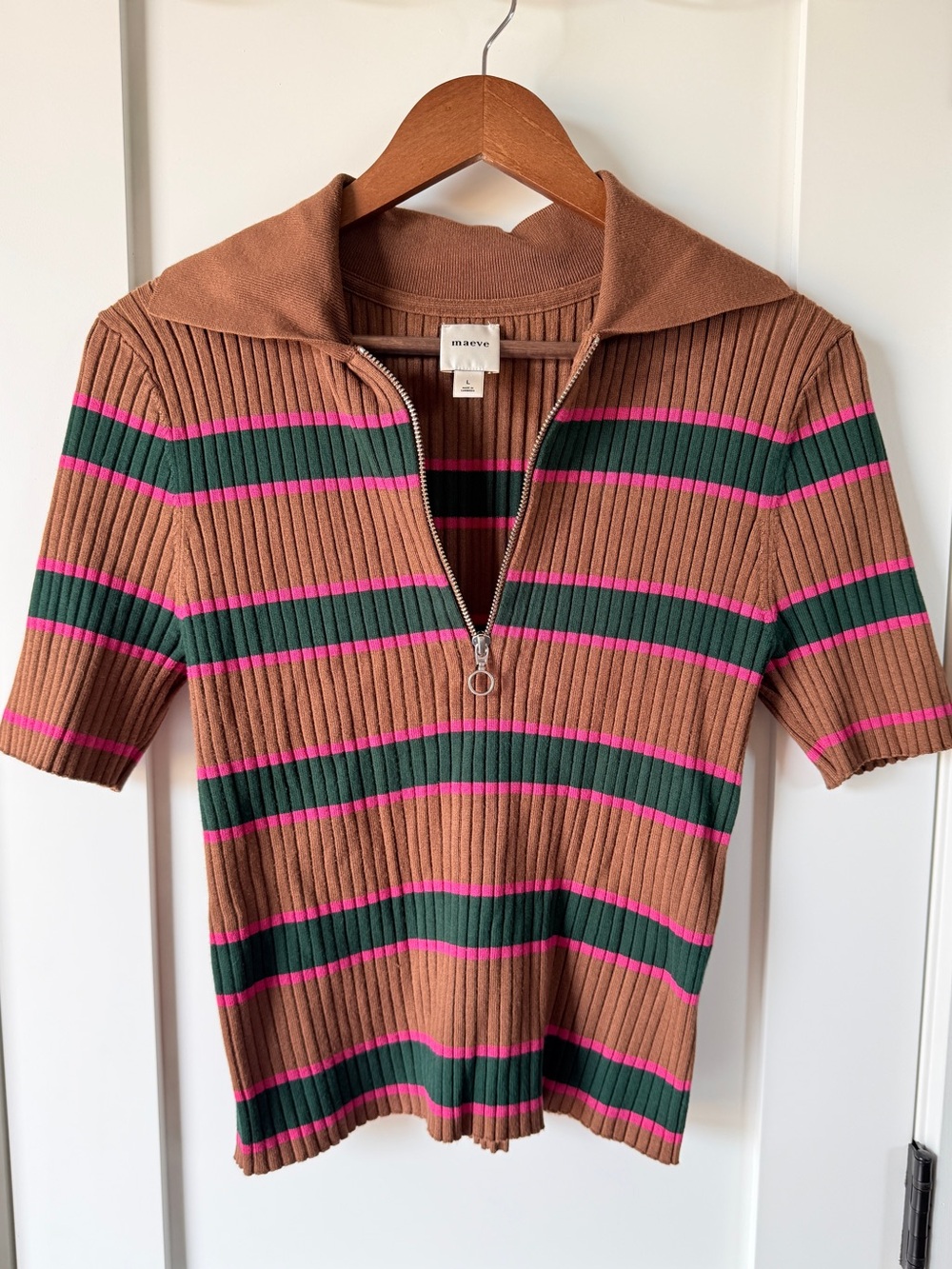 Maeve Short Sleeve Quarter-Zip Stripes Polo Sweater Large